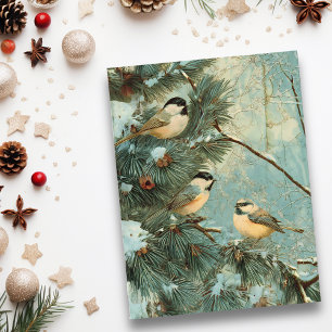 Carte Postale Oiseaux de Noël vintage arbre de pin