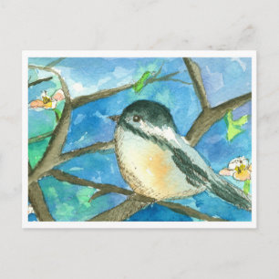 Carte Postale Oiseaux de poulet Fleurs roses Peinture à l'aquare
