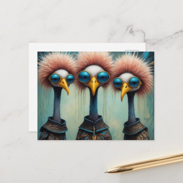 Carte Postale Oiseaux drôles en chandails (Devant/Arrière en situation)