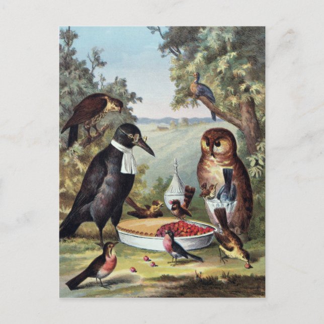 Carte Postale Oiseaux en pique-nique, peinture, reproduction, (Devant)
