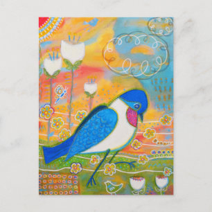 Carte Postale Oiseaux et fleurs blanches