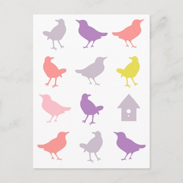 Carte Postale Oiseaux pastel rose et violet avec Birdhouse (Devant)