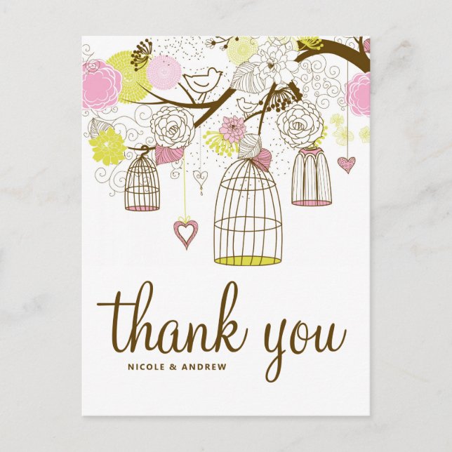 Carte Postale Oiseaux roses et jaunes Lovebirds Merci (Devant)