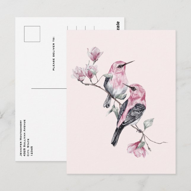 Carte Postale Oiseaux roses et noirs sur une branche d'arbre (Devant / Derrière)