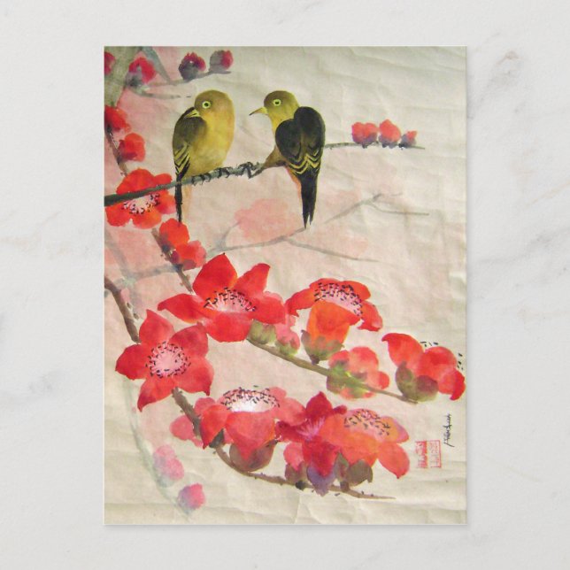 Carte Postale oiseaux sur l'arbre de flore (Devant)