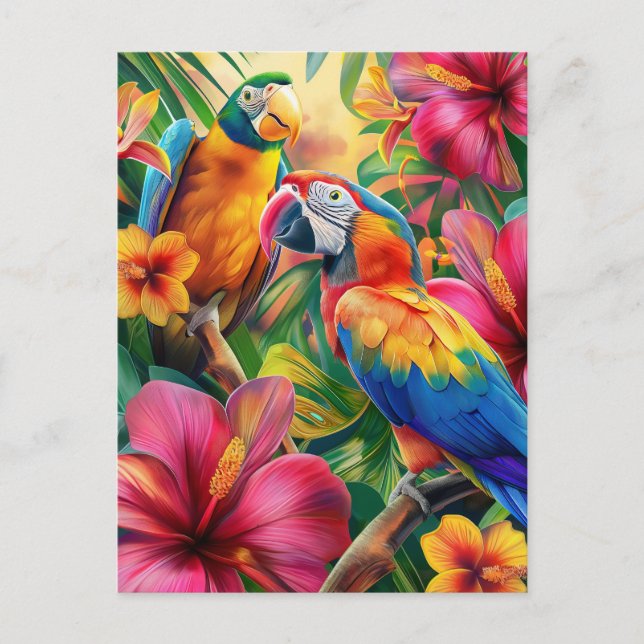 Carte Postale Oiseaux tropicaux et fleurs (Devant)