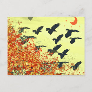Carte Postale Oiseaux volant Lune rouge