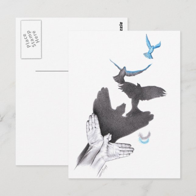 Carte Postale Oiseaux volants à l'ombre de la main Illusion Art  (Devant / Derrière)