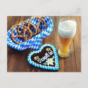 Carte Postale Oktoberfest avec bière, Pretzel et pain d'épices