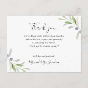 Carte Postale Olive peint et Mariage vert feuille merci