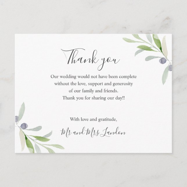 Carte Postale Olive peint et Mariage vert feuille merci (Devant)