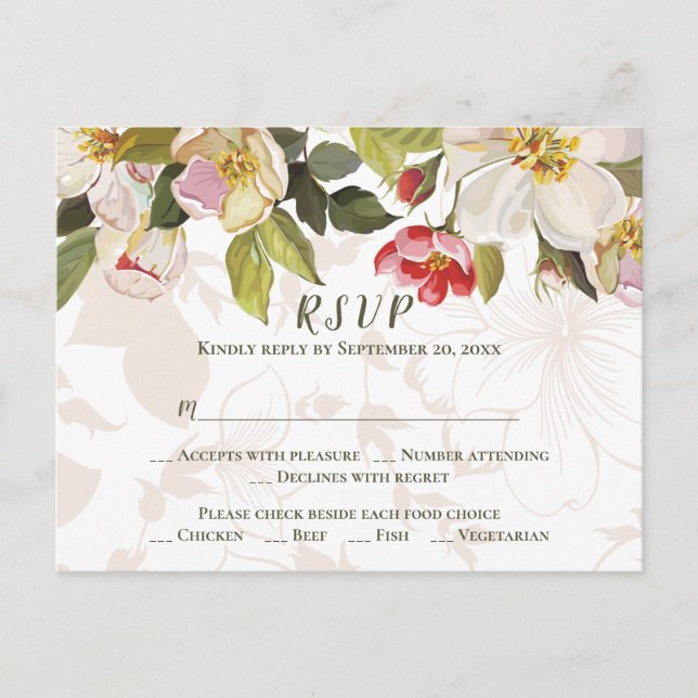 Carte Postale Olive Vert rose Magnolia Fleurs Mariage RSVP (Devant)