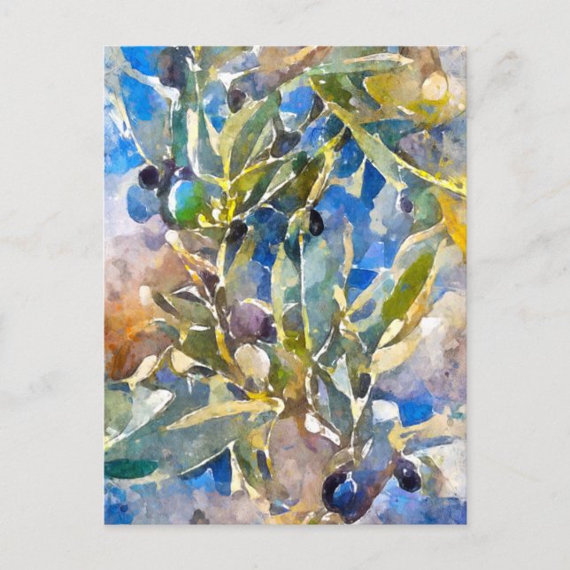 Carte Postale Olives aquarelles sur la branche d'olives. Peint.  (Devant)