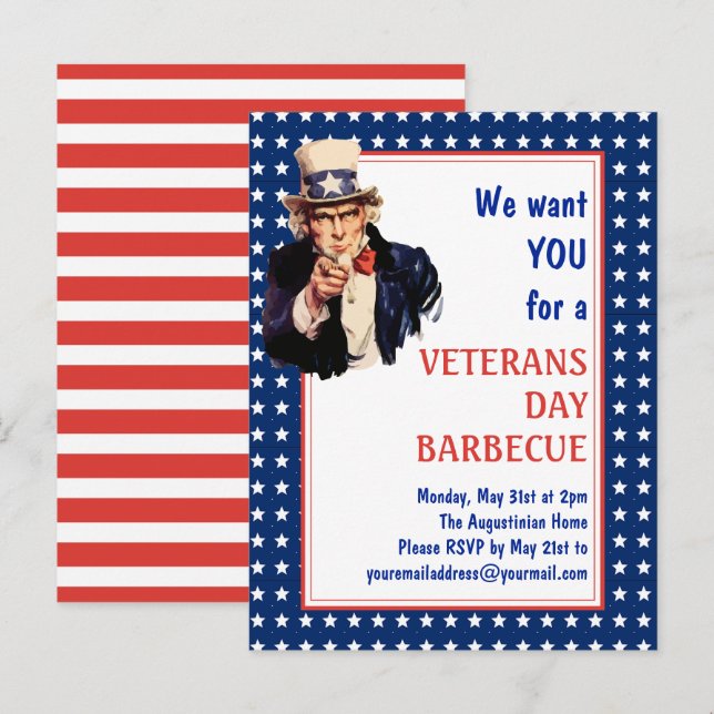 Carte Postale Oncle patriotique Sam VÉTÉRANS BBQ BARBECUE Invita (Devant / Derrière)