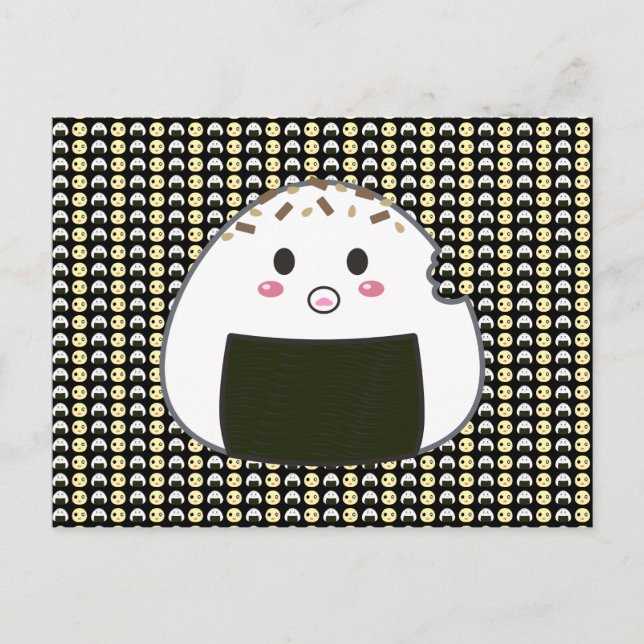 Carte Postale Onigiri carrelé et poulet en noir (Devant)
