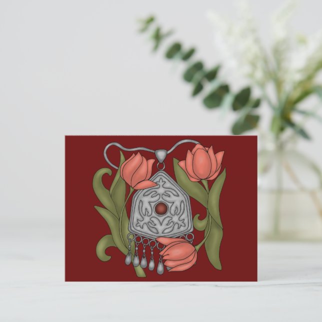 Carte Postale Onirzhyek kazakh décoration avec tulipes (Debout devant)
