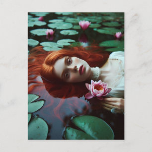 Carte Postale Ophelia aux cheveux roux dans un étang de lys