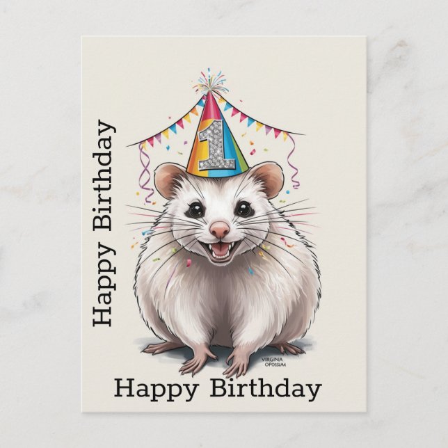 Carte Postale Opossum de Virginie portant un chapeau d'anniversa (Devant)