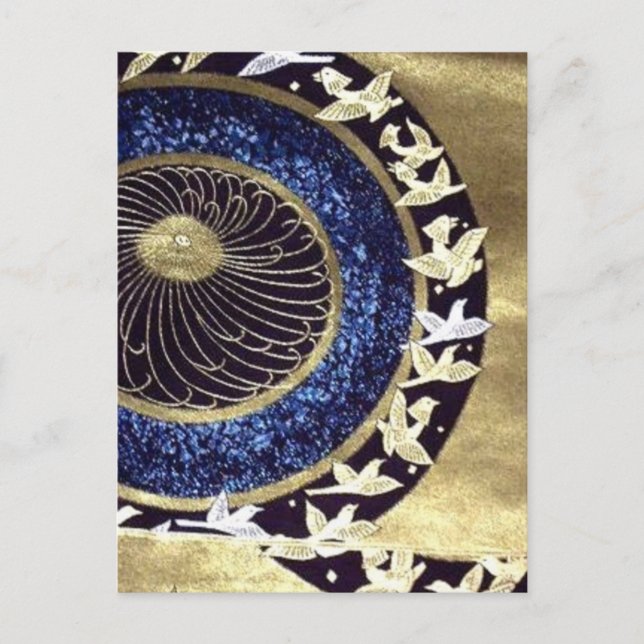 Carte Postale or bleu Kimono traditionnel grue japonaise (Devant)