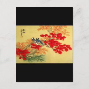 Carte Postale Or chinois et Flore rouge