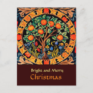 CARTE POSTALE ORANGE ARBRE AVEC FEUILLES VERTS, FLEURS