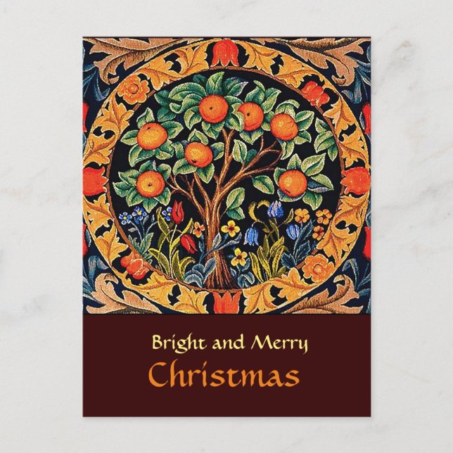 CARTE POSTALE ORANGE ARBRE AVEC FEUILLES VERTS, FLEURS (Devant)