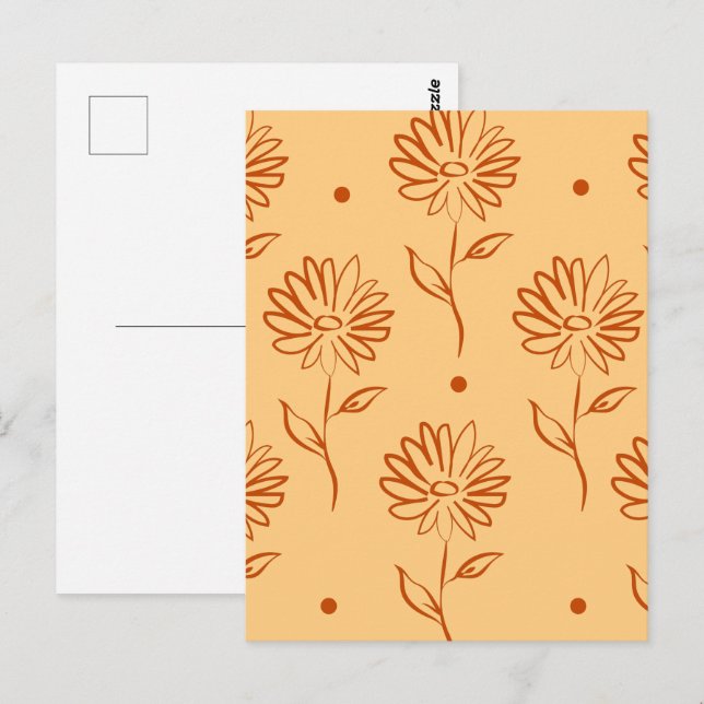 Carte Postale Orange Brown Flower Outlines Pattern (Devant / Derrière)