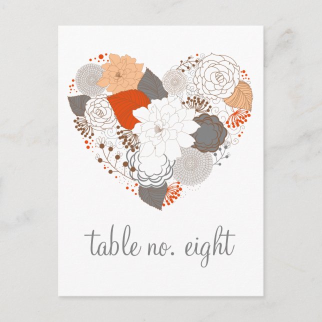 Carte Postale Orange & Grey Heart Flowers Numéro de tableau Cart (Devant)