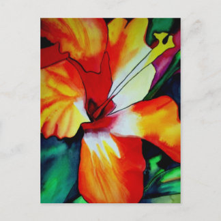 Carte Postale Orange Hibiscus fleurs tropicales aquarelle art