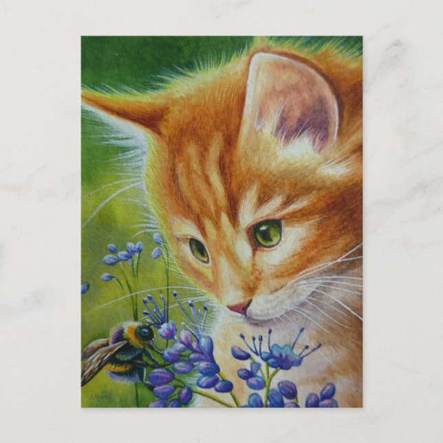 Carte Postale Orange Tabby Kitten & Bumblebee Aquarelle Art (Devant)