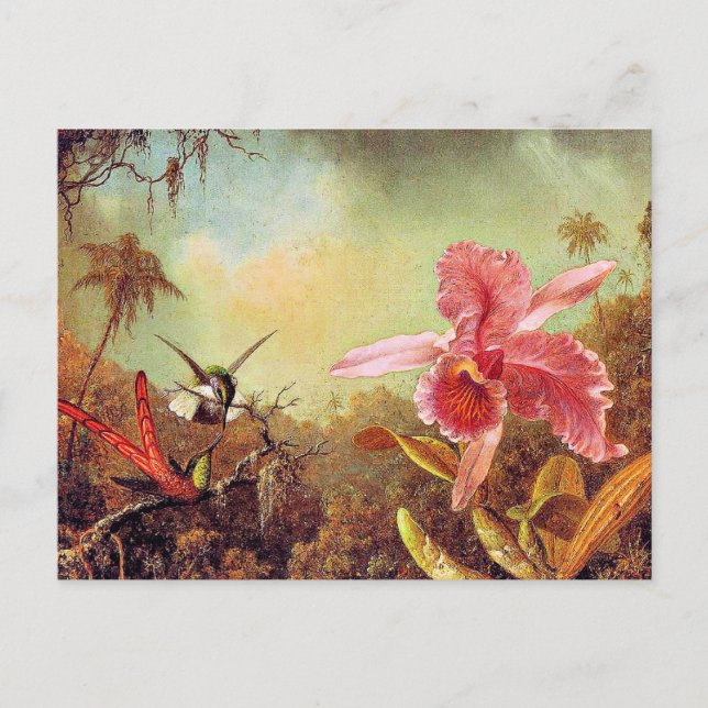 Carte Postale Orchidée avec deux colibris, peinture d'art,  (Devant)