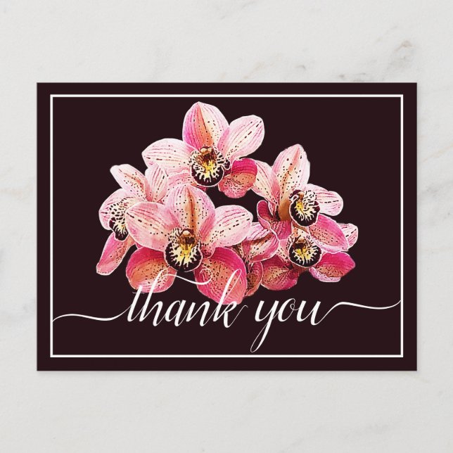 Carte Postale Orchidées roses et blanches Fond sombre Merci (Devant)