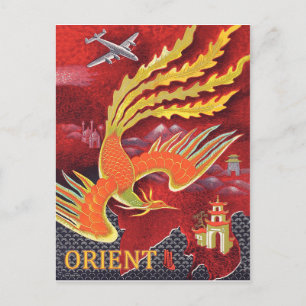 Carte Postale Orient, oiseau volant au-dessus du temple