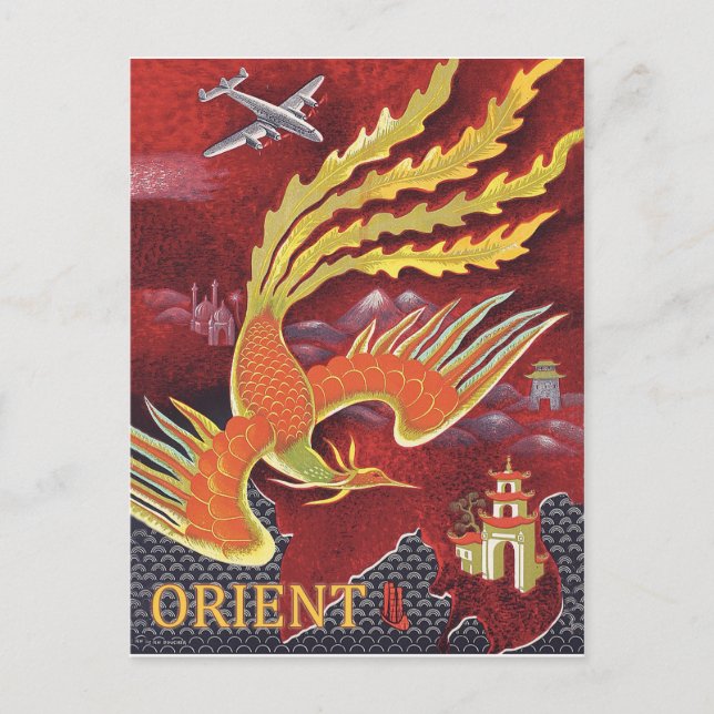 Carte Postale Orient, oiseau volant au-dessus du temple (Devant)