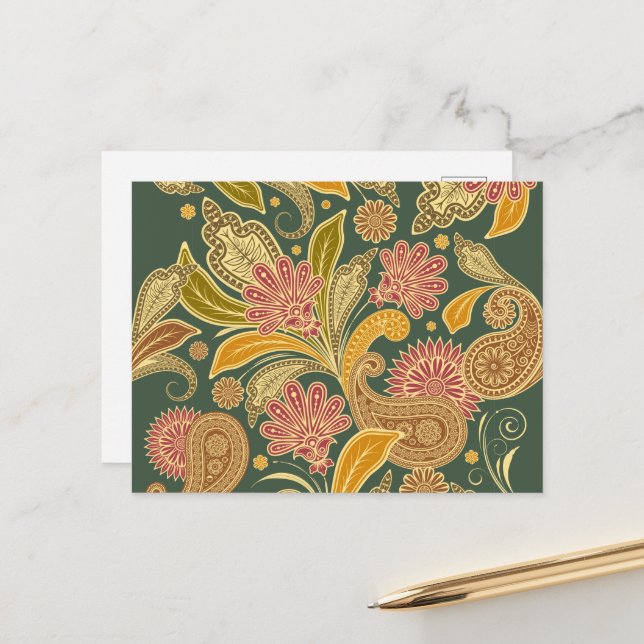Carte Postale Oriental Perse Paisley - Vert Jaune Rouge (Devant/Arrière en situation)