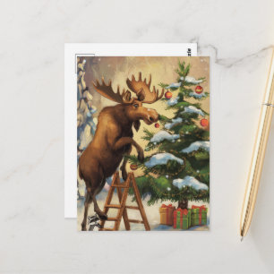 Carte Postale Orignal drôle décorant le sapin de Noël