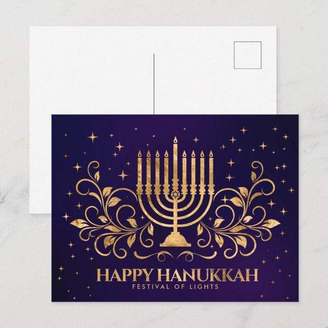 Carte Postale Ornement Gold Menorah Swirl Bonne Hanoukka (Devant / Derrière)