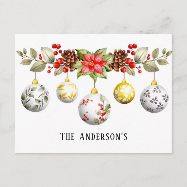 Carte Postale Ornements de Noël à l'aquarelle Poinsettia personn (Devant)