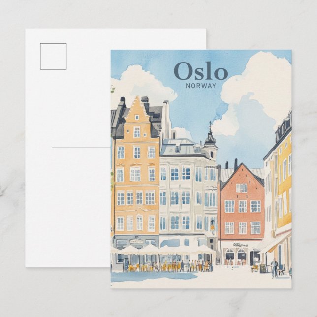 Carte Postale Oslo Norvège Peinture Gouache Illustration Voyage (Devant / Derrière)