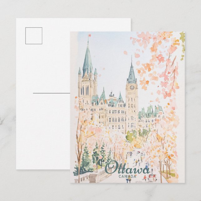 Carte Postale Ottawa Canada Illustration de peinture Gouache Voy (Devant / Derrière)