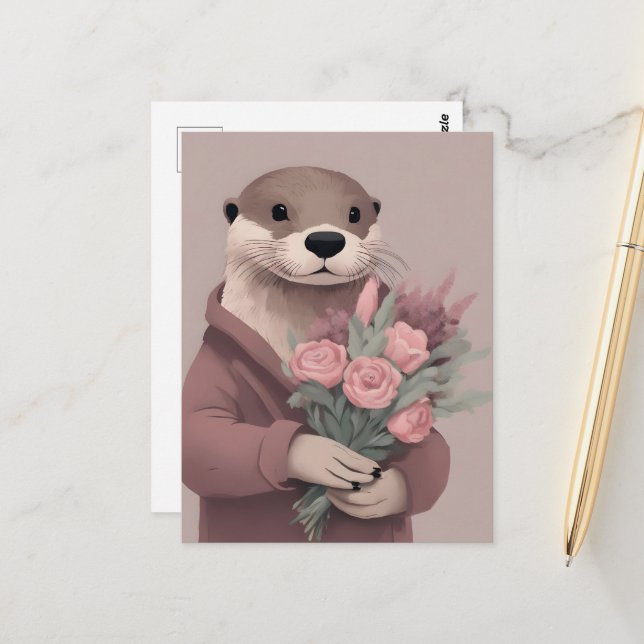 Carte Postale Otter Adorable Avec Fleurs (Devant/Arrière en situation)
