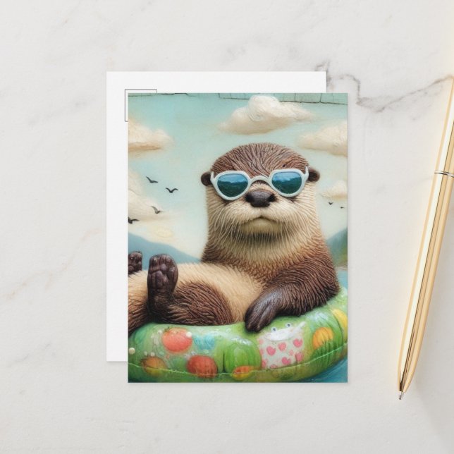 Carte Postale Otter adorable sur une bague flottante (Devant/Arrière en situation)