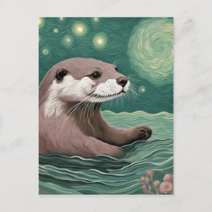 Carte Postale Otter dans une nuit étoilée Ocean Sage et couleur 