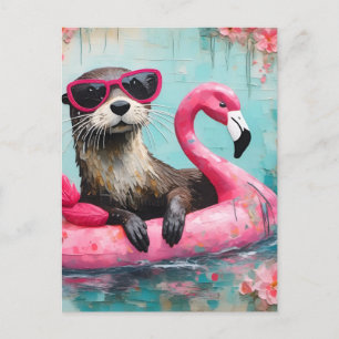 Carte Postale Otter flottant sur un Flamant rose rose drôle Coll