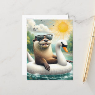 Carte Postale Otter sur un flotteur de cygne