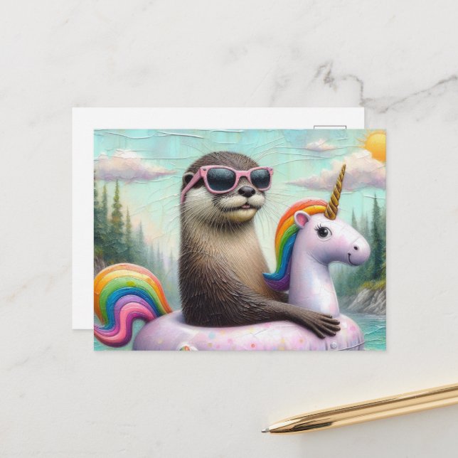 Carte Postale Otter sur un flotteur de licorne (Devant/Arrière en situation)