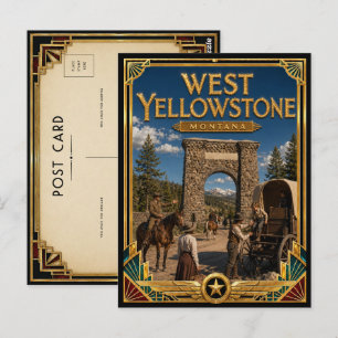 Carte Postale Ouest Yellowstone Montana Art Déco Doré Vintage