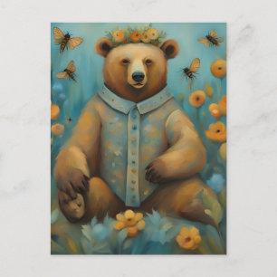 Carte Postale Ours adorable dans une couronne avec insectes