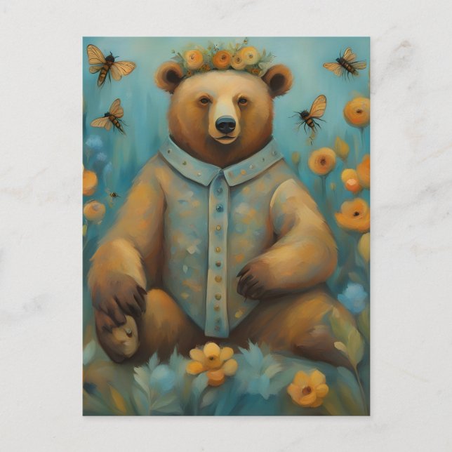 Carte Postale Ours adorable dans une couronne avec insectes (Devant)