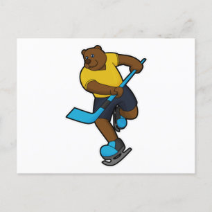 Carte Postale Ours au hockey sur glace avec bâton de hockey sur 